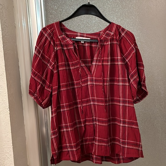 Loft Red Plaid Tie-Neck Puff Sleeve Top - Picture 4 of 5
